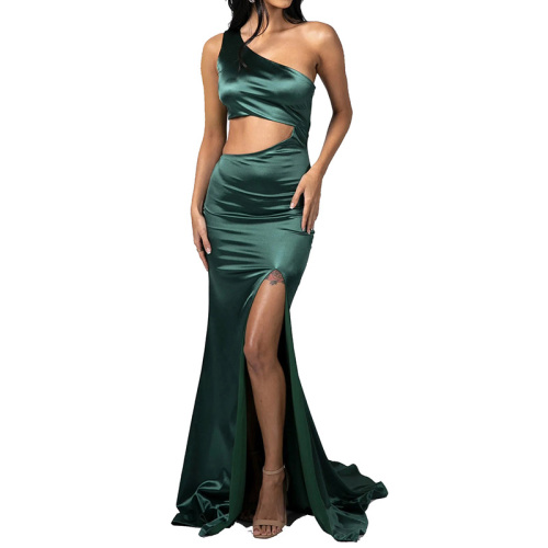 Women's side cut out one shoulder formal maxi satin dresses &amp; gowns