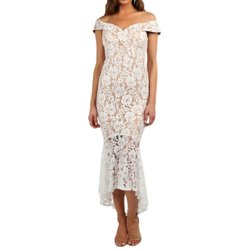White lace prom midi dress with nude lining for women