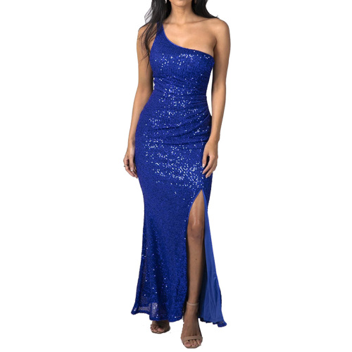 Formal one shoulder sequin maxi evening dress