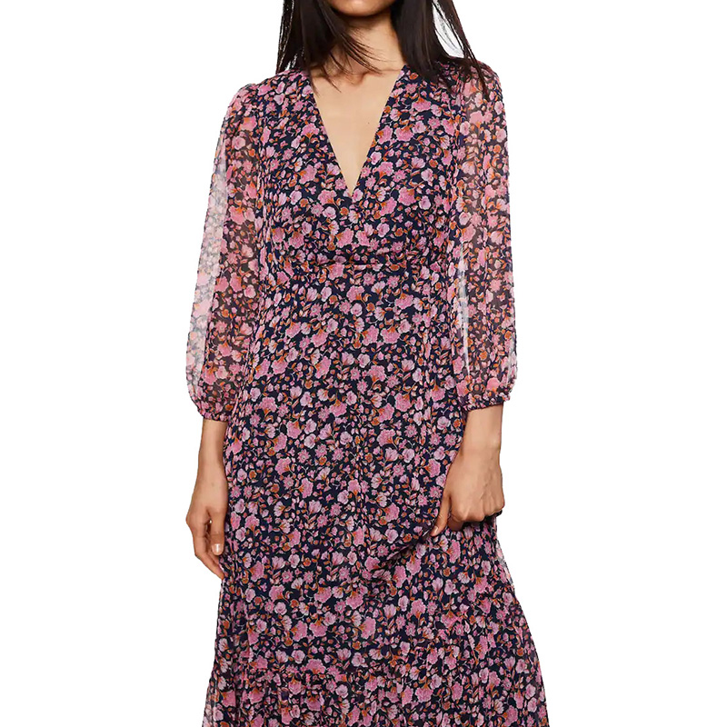 Long sleeve floral print midi chiffon dress