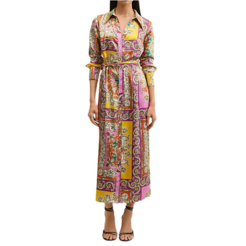 Long sleeve button down print midi shirt dress