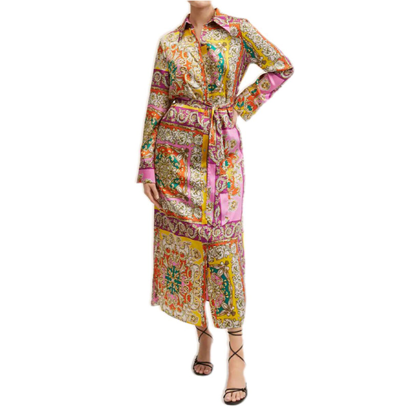 Long sleeve button down print midi shirt dress