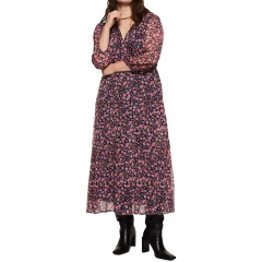 Long sleeve floral print midi chiffon dress
