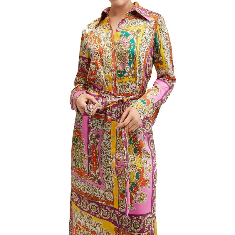 Long sleeve button down print midi shirt dress