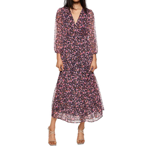 Long sleeve floral print midi chiffon dress