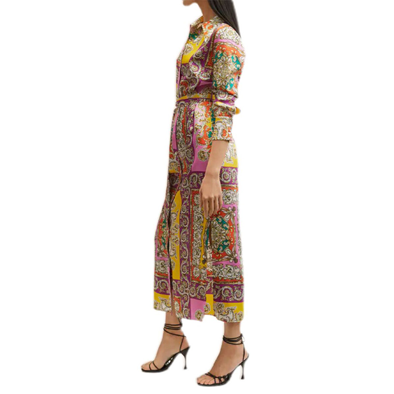 Long sleeve button down print midi shirt dress