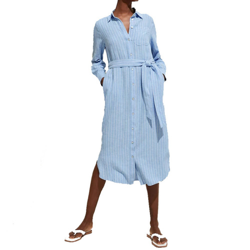 Linen striped midi button down shirt dress