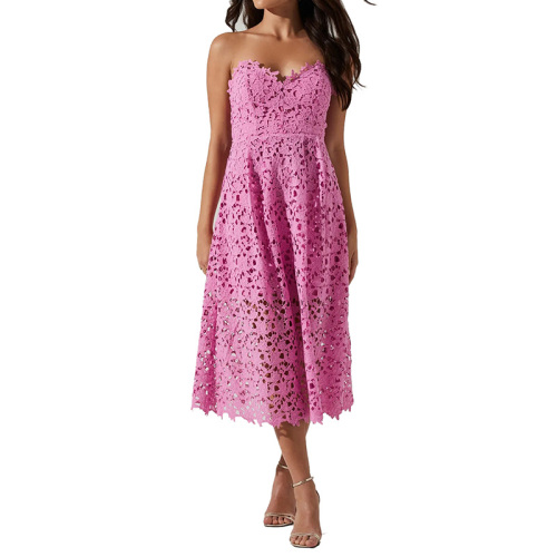 Pink strapless lace midi dress