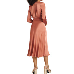 Brown satin button down midi dress