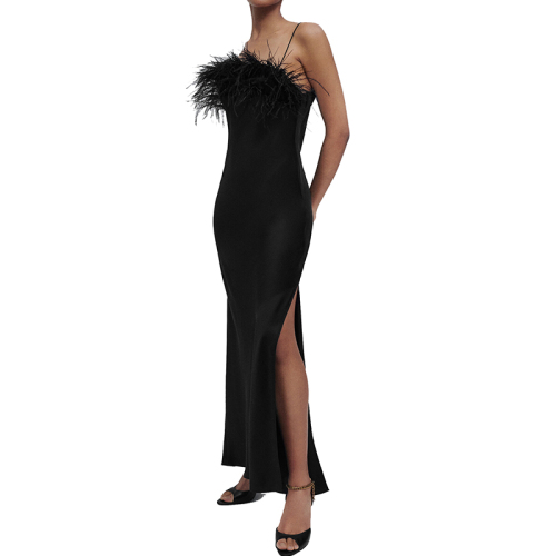 Black satin dress with feather trim