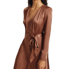 Brown satin button down midi dress