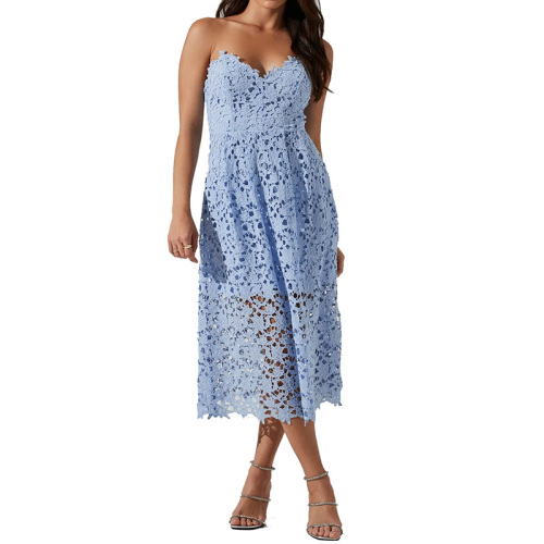 Women's light blue lace midi dress sleeveless
