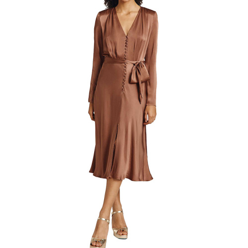 Brown satin button down midi dress