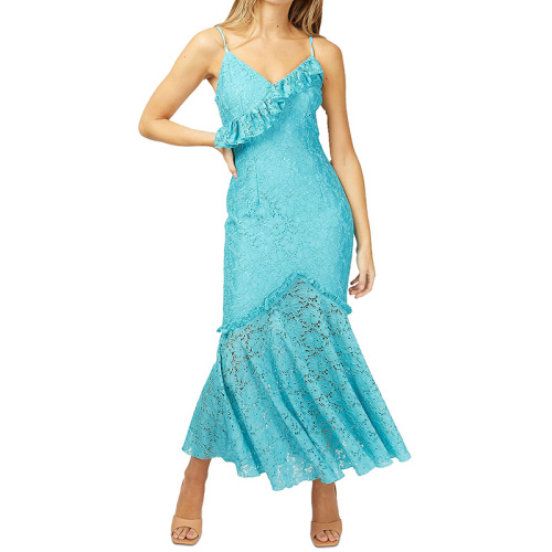 Sleeveless v neck lace frill hem midi dress