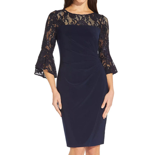 Jersey knee length summer formal dress with lace for women