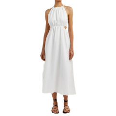 Womens halter neck sleeveless white linen midi dress