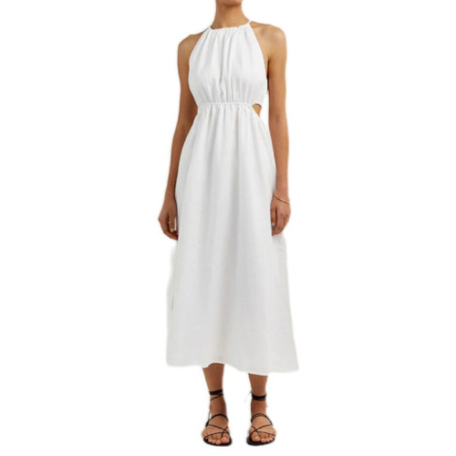 Womens halter neck sleeveless white linen midi dress