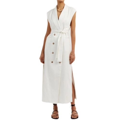 Long sleeveless button down white linen dress