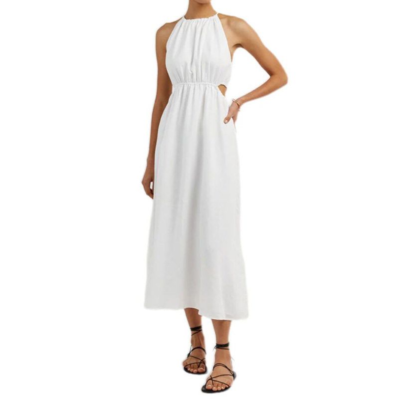 Womens halter neck sleeveless white linen midi dress