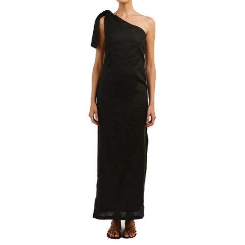 Black one shoulder linen midi dress