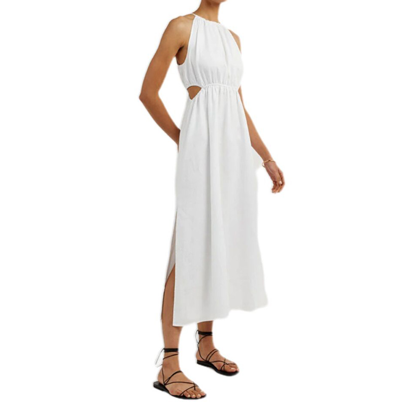 Womens halter neck sleeveless white linen midi dress