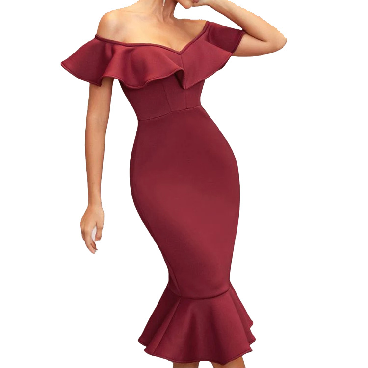 New arrival Off shoulder bodycon midi ruffle dress