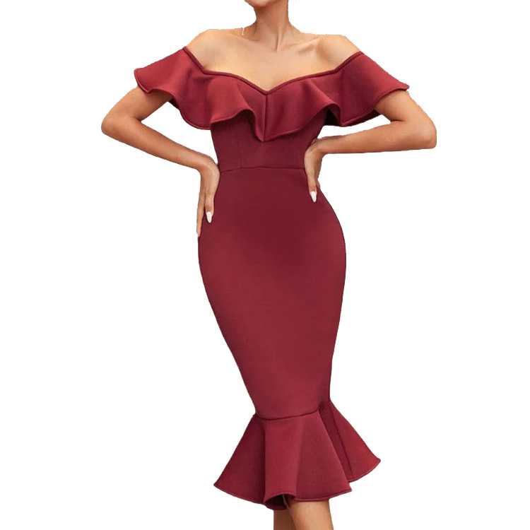 New arrival Off shoulder bodycon midi ruffle dress