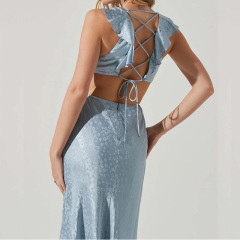 Ruffle trim satin silky lace up midi dress