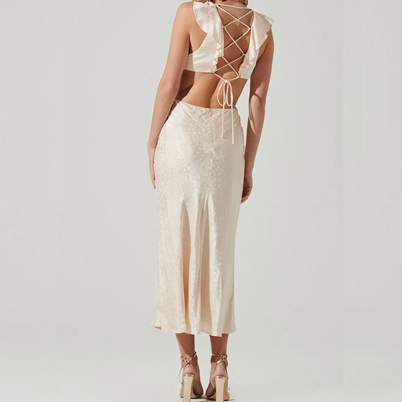 Ruffle trim satin silky lace up midi dress