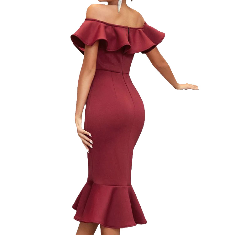 New arrival Off shoulder bodycon midi ruffle dress