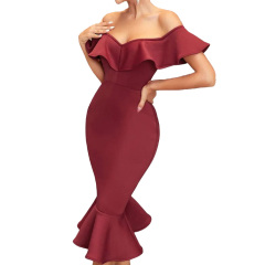 New arrival Off shoulder bodycon midi ruffle dress