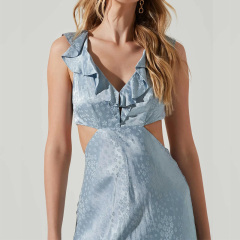 Ruffle trim satin silky lace up midi dress