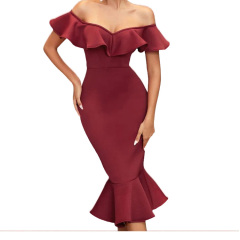 New arrival Off shoulder bodycon midi ruffle dress