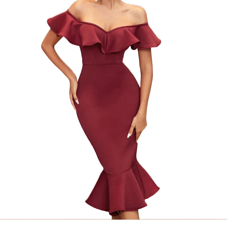 New arrival Off shoulder bodycon midi ruffle dress