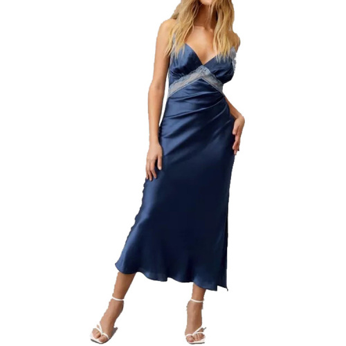 Sexy lace trim V neck satin long dress