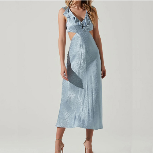 Ruffle trim satin silky lace up midi dress