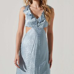 Ruffle trim satin silky lace up midi dress