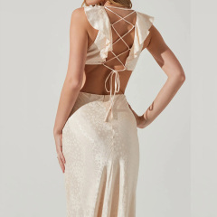 Ruffle trim satin silky lace up midi dress