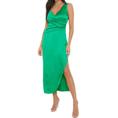 2023 new arrival V neck wrap side split long satin dress