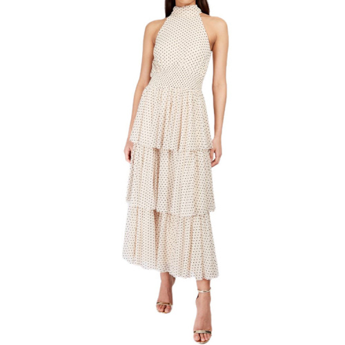 Ladies polka dot high neck tie back tiered midaxi dress