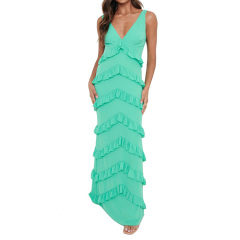 Ladies summer sleeveless V neck ruffle tiered maxi dress