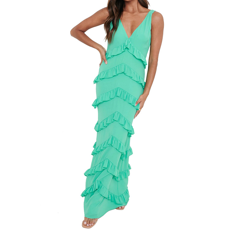 Ladies summer sleeveless V neck ruffle tiered maxi dress