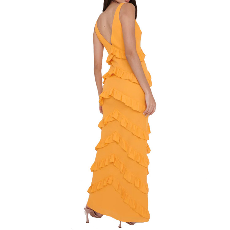 Ladies summer sleeveless V neck ruffle tiered maxi dress