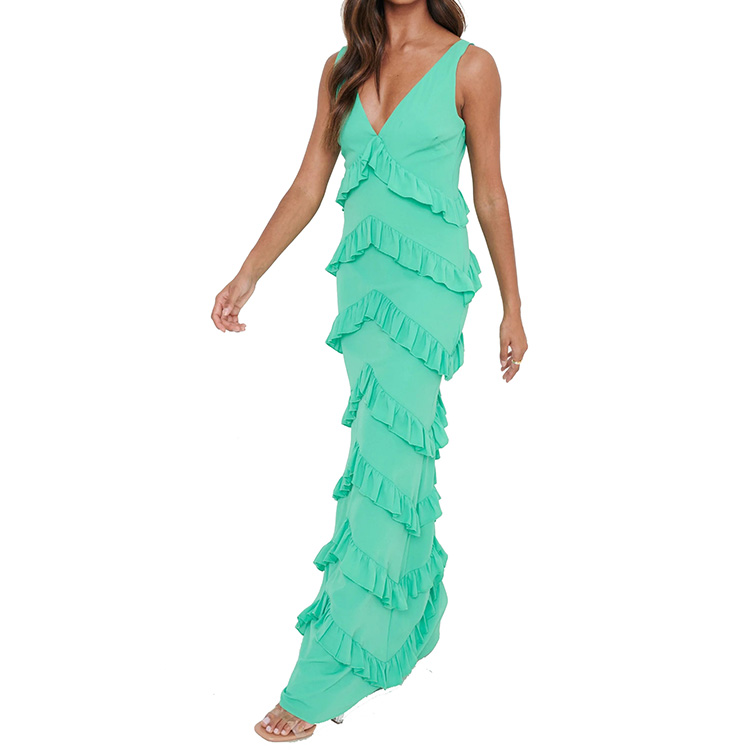 Ladies summer sleeveless V neck ruffle tiered maxi dress