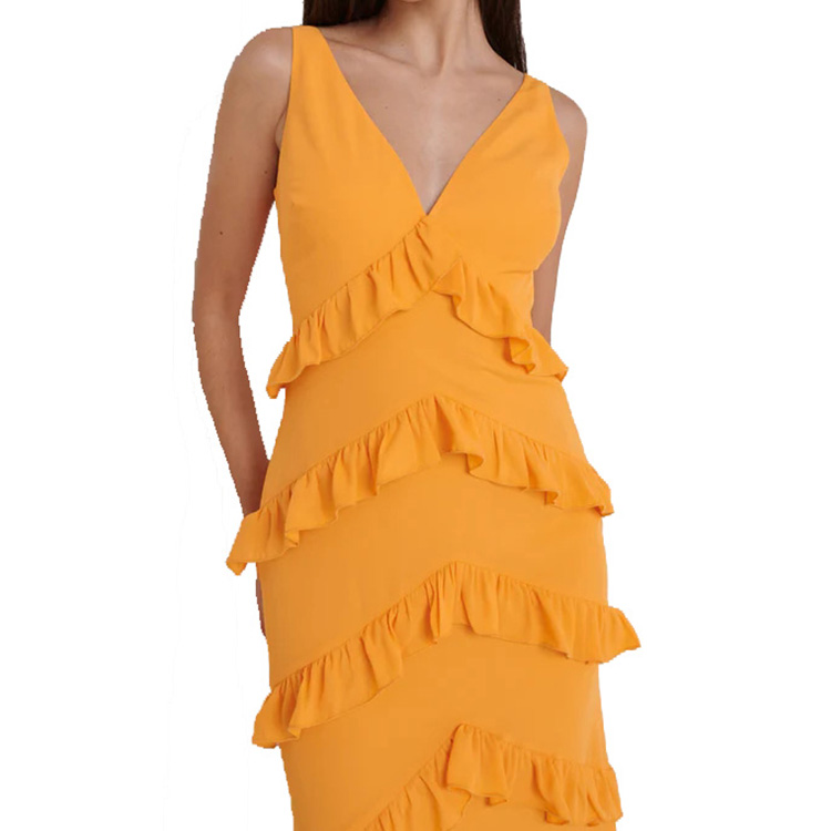 Ladies summer sleeveless V neck ruffle tiered maxi dress