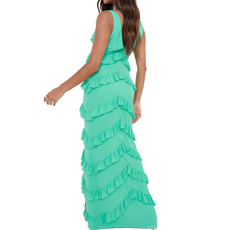 Ladies summer sleeveless V neck ruffle tiered maxi dress