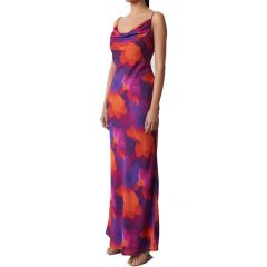 Ladies sleeveless cowl neck floral printed chiffon maxi dress