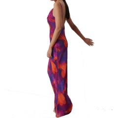 Ladies sleeveless cowl neck floral printed chiffon maxi dress