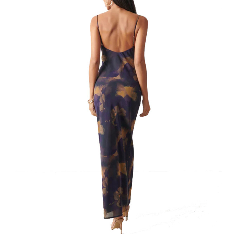Ladies sleeveless cowl neck floral printed chiffon maxi dress