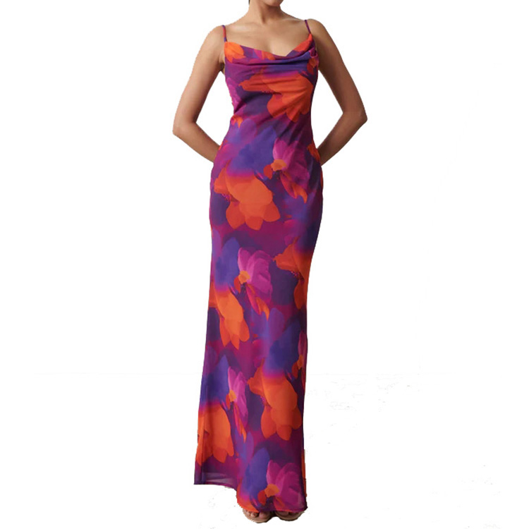 Ladies sleeveless cowl neck floral printed chiffon maxi dress
